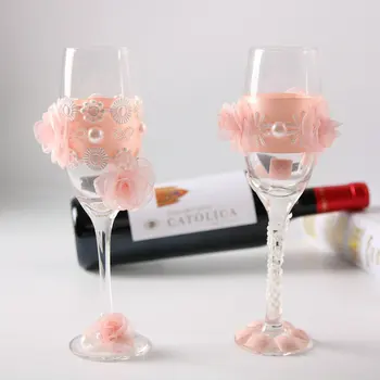 1 pora Vestuvių Taure Šampano taurių Virvės Fleitos Skrudinimas Akinius Vestuvių Nuotaka ir Jaunikis Akiniai su pink gėlių
