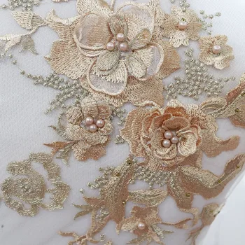 1PC 3D Aukso Zawalcowany Perlai Nėrinių Prabanga Tiulio Nėrinių Aplikacijos Gėlių Išskirtinį Vestuvių Suknelė Išaugo Nuotakos Šydu Priedai Apdaila 