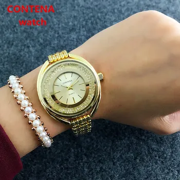 2017 CONTENA Krištolo ir Deimantų Prabangos Prekės ženklo Moterų Laikrodžiai Golden Rose Žiūrėti Moterų Full Steel Riešo laikrodžių Mados Ponios Žiūrėti