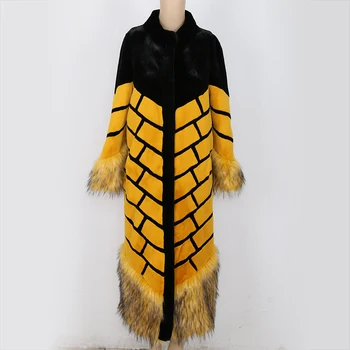 2017 m. Žiemos Aukštos Kokybės Moterų Dirbtiniais Fox Fur Coat Geltona ir Juoda Kontrasto Spalvų Kratinys Ultra Ilgio kilimo ir tūpimo Tako Netikrą Audinės Kailinius