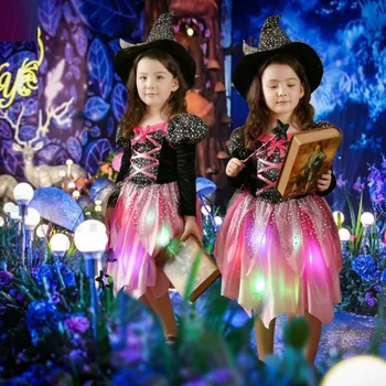 2018 Naujų Vaikai LED Šviesos Ragana Kostiumas Vaikų Mergaičių Cosplay Kostiumai Helovyno Karnavalas Šalies Fancy Dress Apdailos Puras