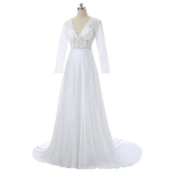 2018 Vestidos De Novia Casamento Chalatas De-line Giliai V-kaklo, ilgomis Rankovėmis Šifono Nėrinių Vestuvių Suknelės, Vestuvių Suknelė Vestuvių Suknelės