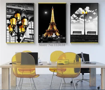 3 Gabalus Modernus miestas serijos juoda ir balta meno Aukso Paryžiaus Bokšto apšvietimo Atspausdinta Drobė Gyvenimo Kambario Sienos Meno Nuotraukas