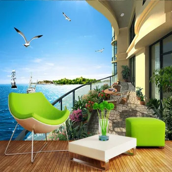 3D balkonas su vaizdu į jūrą Žuvėdra kambario tapetai kraštovaizdžio kambarį miegamojo, biuro fone sienų tapetai ant sienos