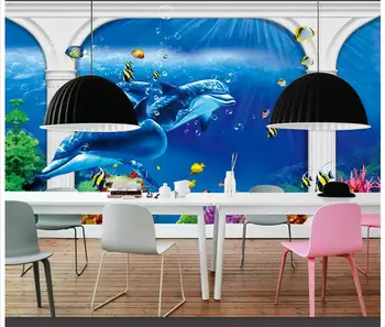 3D sienų freskomis tapetai užsakymą nuotrauką freskos sienos popieriaus Romos ramstis 3D stereo povandeninio pasaulio delfinų TV fono sienos
