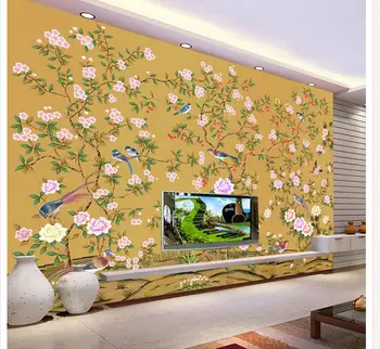 3d tapetai kambario Kinijos ranka-dažytos, paukščių ir gėlių fonas freskos nuotrauka 3d tapetai