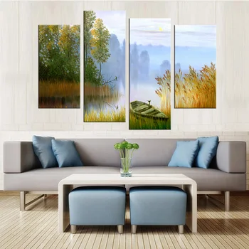 4 piece Painting Canvas Painting Landscape Boat In The River Canvas Art Home Decoration Scenery Picture Decor