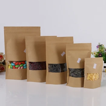 9*14+3 50pcs ruda savarankiškai zip-lock kraftpopieris maišeliai su langas, dovanų, saldumynų ir saldainių maisto arbatos papuošalai, mažmeninė pakavimo popierius