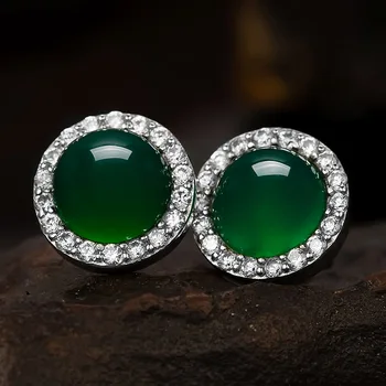 925 Sterlingas sidabro Natūralių pusiau brangiųjų akmenų, žalia chalcedony stud Auskarai žaliosios mados moterų papuošalai mėgėjams dovana