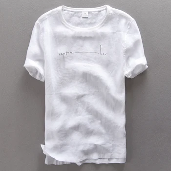 Apvalia kaklo spausdinti raidžių trumpas rankovės gryno lino marškinėliai vyrams vasaros laisvalaikio t-shirt vyrai baltas plonas lino marškinėlius mens camiseta 3XL