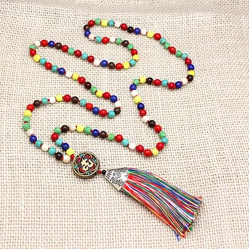 Artificial knotted tribal Nepal beads colorful howlite stone mala Long tassel handmade namaste necklace
