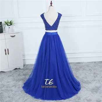 Aukštos Kaklo Royal Blue Kristalais, Dviejų dalių, Prom Dress-line Seksualus Tiulio Vakaro Suknelė su V-atgal vestidos de formatura