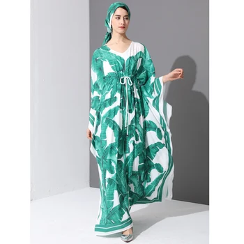 Aukštos Kokybės 2017 kilimo ir tūpimo Tako Mados Dizaineris Maxi Suknelė Moterų Batwing Rankovės Žalios Palmių Lapų Gėlių Spausdinti Prarasti Atsitiktinis Ilga Suknelė