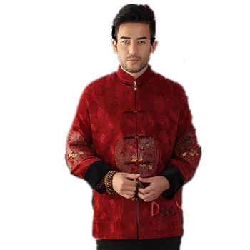 Aukštos Kokybės Red Kinijos Tradicija vidutinio amžiaus Vyrų Striukė ilgomis rankovėmis Siuvinėti Dragon Kailis Tango Tiktų S M L XL XXL XXXL