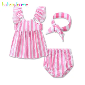 Babzapleume Vasaros Naujagimiui Mergaičių Drabužius Mielas Pink Stripe marškinėliai+Šortai 1-asis Gimtadienis Kūdikių Drabužių Rinkiniai 3PCS Kostiumas BC1244