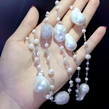 Baroko gamtos ilgai gėlo vandens perlų vėrinį baltos spalvos, kelių spalvų 36 colių 925 sterlingas sidabro su kubinis cirkonis mados