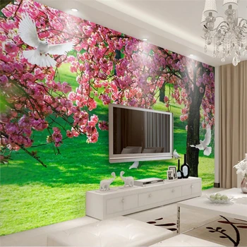 Beibehang iš Sakura medžio TV sofa-lova, miegamojo fono sienos užsakymą didelės šviežios, šilko ir šilko audinio aplinkai draugiškų tapetai