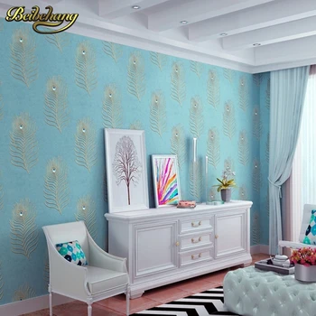 Beibehang povas mėlyna plunksna miegamojo kambarį, TV foną, siuvinėjimo tapetai Continental 3D gręžimo neaustinių