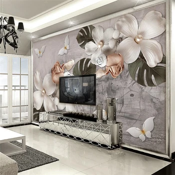 Beibehang Užsakymą, didelis freskomis, trimatis reljefo white pearl gėlės, gėlės, Šiaurės, retro background, sienos, tapetai žalia