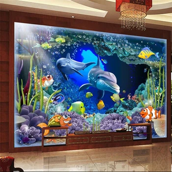 Beibehang Užsakymą Foto Tapetai, Freskos 3D Stereo Povandeninio Pasaulio Delfinų Motinos ir Vaiko Meilė Giliai tapetai papel de parede