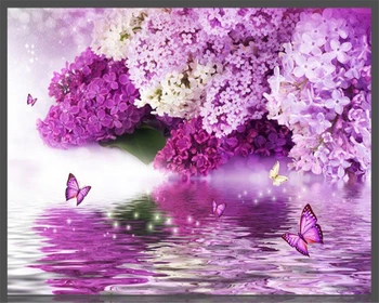 Beibehang Užsakymą tapetai violetinės gėlės vandens atspindys drugelis fono sienos, namų dekoro gyvenimo kambario, miegamasis 3d tapetai
