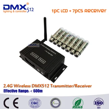 DHL Nemokamas Pristatymas DMX512 belaidžio 1pcs LCD Ekrano kabelis siųstuvas-imtuvas+7pcs mini imtuvas 2.4 GHz XLR etape Žaibo poveikis
