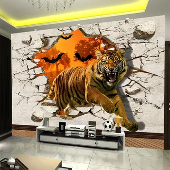 Didelis Custom Sienos Freskos neaustinių Tapetai, Sienų Tapyba Tigras Skaldyti Sienos 3D Kūrybos svetainė, TV Foną, Foto tapetų