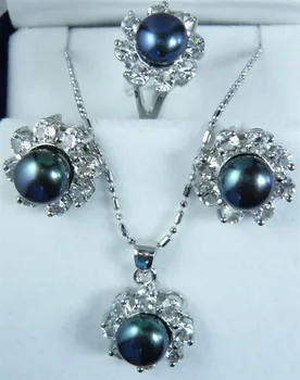Didmeninė paprasta tamsiai mėlyna shell perlų sidabro padengtą pakabukas auskarai ir žiedas(#7.8.9) papuošalų rinkinys 004
