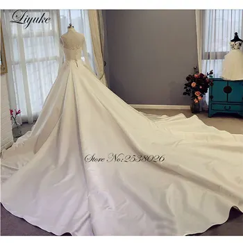 Elegantiškas Blizgantis Atlasas Koplyčia Traukinys Plius Dydis-A-Line Wedding Suknelė Visiškai Nėrinių Rankovėmis Su Mygtuku Nuotakos Suknelės, chalatas de mariage