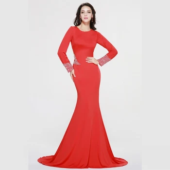 Elegantiškas Ilgas Rankoves Vakaro Suknelės 2017 Naujos Puošnios Crystal Red Undinė Oficialų Raudona Prom Chalatai FED27
