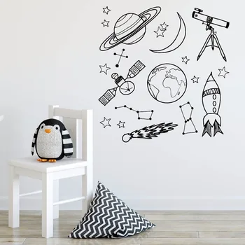 Erdvės Sienų Lipdukai Berniukas Kambarys Kosmoso Vaikų Darželio Sienos Lipdukas Teleskopas Kosminis Laivas Žvaigždžių Vinilo Decal Planetos Dekoro Vaikai S149