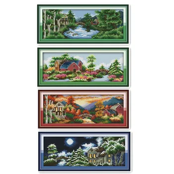 Four Seasons dekoracijos 11CT 14CT kryželiu rinkinys, gražus pilis siuvinėjimo pavasario, vasaros, rudens ir žiemos paveikslai