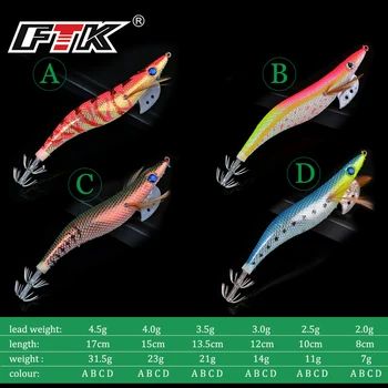 FTK 6PC/LOT 2G,2.5G,3G,3.5G,4G,4.5G Artificial Luminous Wood Shrimp Squid Jigs Jigging Squid Hook peche accesoires