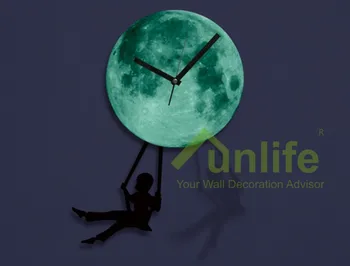 Funlife(TM) Berniukas, Suptis ant Mėnulio Žėrintis Sieninis laikrodis,Sūpynės, Švytuoklinis Laikrodis, Kvarcinis Silence,Vaikų Kambarys, 30cm12