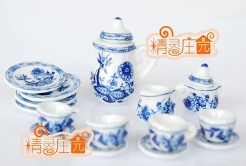 G05-X4324 vaikams, kūdikių dovanų Žaislas 1:12 Lėlių mini Baldų Miniatiūriniai rement keramikos arbatos rinkinys 15vnt/set blue chrysanthemum