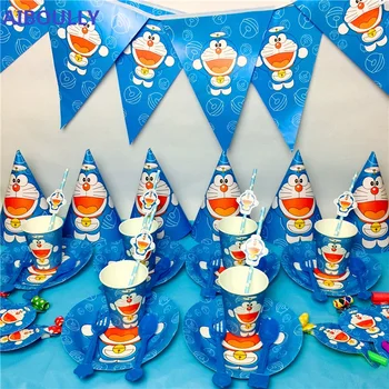 Grupė Tiekia 50pcs 6 vaikai Doraemon Temą Gimtadienio Dekoracija Stalo įrankiai Nustatyti Plokštė+Taurė+Šiaudai+Reklama+Topper