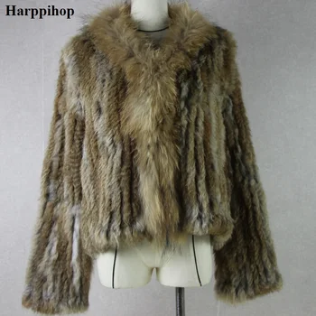 Harppihop triušio kailio Originali Megzti paltai Moterims Meškėnas Kailių apykaklės Striukė Tranšėjos Outwear mados gatvė šalis jacketC918