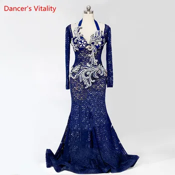 Išplėstinė pritaikymas Moterys/merginos Pilvo Šokio Kostiumas Etapo Rezultatus/Konkurencijos drabužius Deep Blue Lace Gown Konservatyvus Suknelė