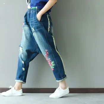 Išsiuvinėta Gėlių Haremas džinsai, Kelnės 2018 streetwear Baggy Lašas Tarpkojo Džinsinio Pantalon Femme hip-hop Boho Kryžiaus Kelnes G060501