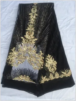 Karšto pardavimo Aukštos Kokybės juodos ir aukso spalvos Medžiaga, Gražus Afrikos Nėrinių Audinys Su Blizgančiais vestuvių suknelės