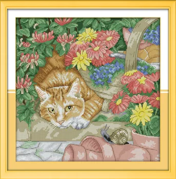 Katės ir sraigė į gėlių Atspausdinta Drobė DMC Skaičiuojami Kryželiu Rinkiniai spausdinti kryželiu Siuvinėjimo rinkinys Rankdarbiams