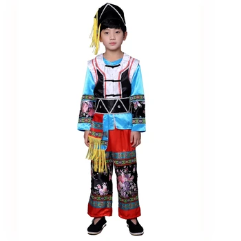 Kinijos Liaudies Šokių Drabužiai Berniukui Miao Hmong Kostiumai Vaikams Miao Kostiumai Berniukas Dai Šokis su Skrybėle