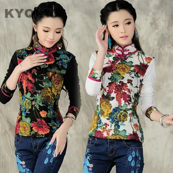 KYQIAO Kinų stiliaus senovinių klasikinių mandarinų apykaklės ilgomis rankovėmis gėlių spausdinti, t-marškinėliai moterims 2018 m. rudenį elegantiškas marškinėliai tee