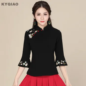 KYQIAO Tradicinės Kinų apranga 2018 Plius dydis moterų drabužiai moterų rudenį mandarinų apykaklės, juoda siuvinėjimas palaidinė blusa