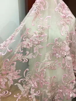 Lux 3D Pearl Zawalcowany Žiedų Gėlių Siuvinėjimo Nėrinių Audinys Rožinės spalvos Mėlyna, kurias Kieme , Haute Couture Nuotakos Vestuvių Suknelė Audinys