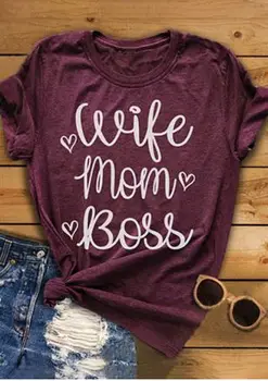 Mados 2018 Moterų Marškinėliai trumpomis Rankovėmis, Žmona, Mama Bosas Širdies Laišką Atspausdintas T-Shirt O Moterų-Kaklo Vasaros Atsitiktinis Ponios Viršūnes Tee