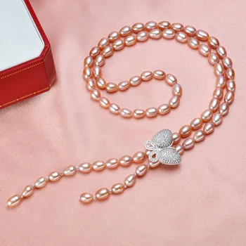 Mados Ilgą Perlų Vėrinį tikrai Natūralių Gėlavandenių Perlų Drugelis Perlų Papuošalai Moterims, 925 sterlingas sidabro Karoliai Dovana