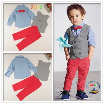 Mažmeninės prekybos 2017 vaikams berniukas džentelmenas kostiumas naujas rudens 3pcs Marškinėliai + liemenė+kelnės berniukui drabužėlių rinkinys