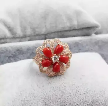 Natūralus raudonasis koralas perlas Žiedas Natūralus akmuo žiedas 925 sterlingas sidabro madinga, Elegantiška apvali Gėlės moterims, vestuvių dovana, Papuošalai