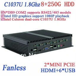 NAUJAS IPC mini pc ventiliatoriaus 8G RAM 250G HDD INTEL Celeron C1037u 1.8 GHz 6*COM, VGA, HDMI, RJ45, usb 